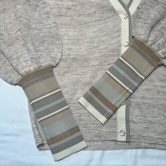 Veronica Beard Mott Linen Cardigan Beige Gray XS Designer Contrast Trim Ribbed - Picture 13 of 16